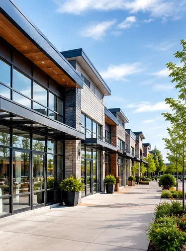 Illustrative modern retail and office space with extensive glass storefronts