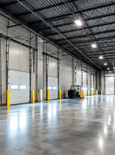 Illustrative warehouse interior with loading doors and high clear ceilings
