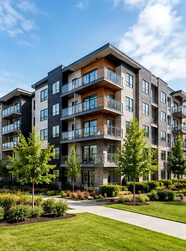 Illustrative modern multifamily apartment complex with balconies and landscaping